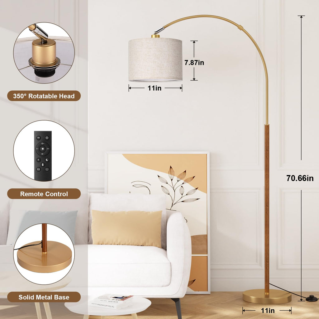Dimmable Arc Floor Lamp with Remote, Color Temp Adjust, Woodgrain