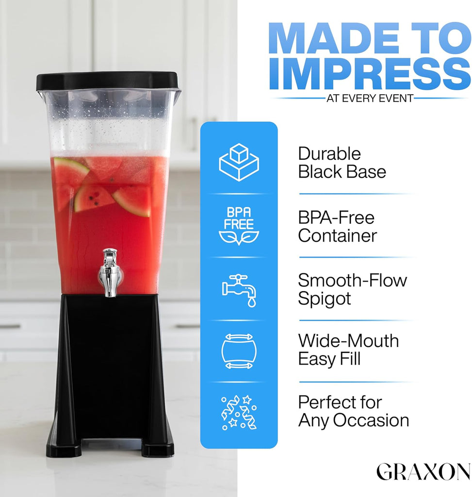 Large Drink Dispenser for Parties (3 Gallon) Slim Plastic Beverage Dispenser with Base for Counter Tops, No Mess