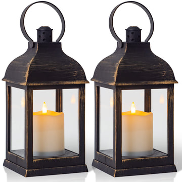 Vintage Lantern Decorative LED Flickering Flameless Candle with Timer, Battery Powered LED Decorative Hanging Golden