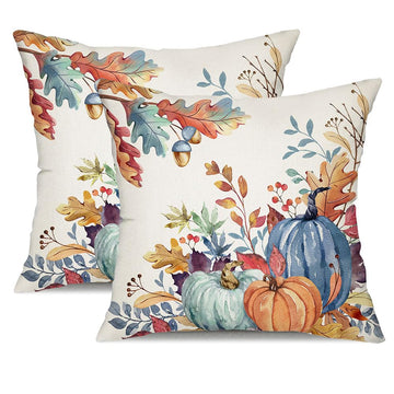 Fall Pillow Covers 18x18 inch Set of 2 Blue and Green Watercolor Pumpkin Fallen Leaves Decorative Throw Pillow Covers
