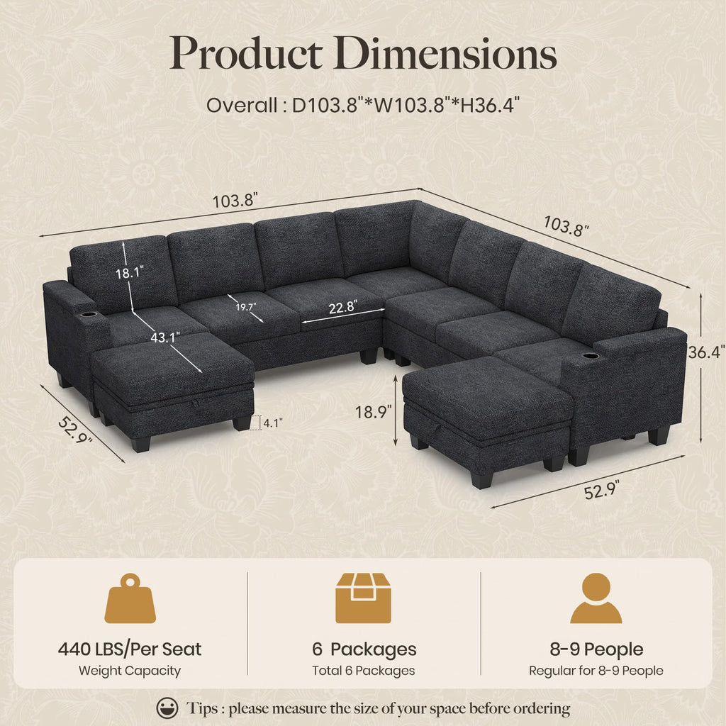 Chenille Modular Sectional Sofa, 7 Seater U Shape Couch, Dark Grey