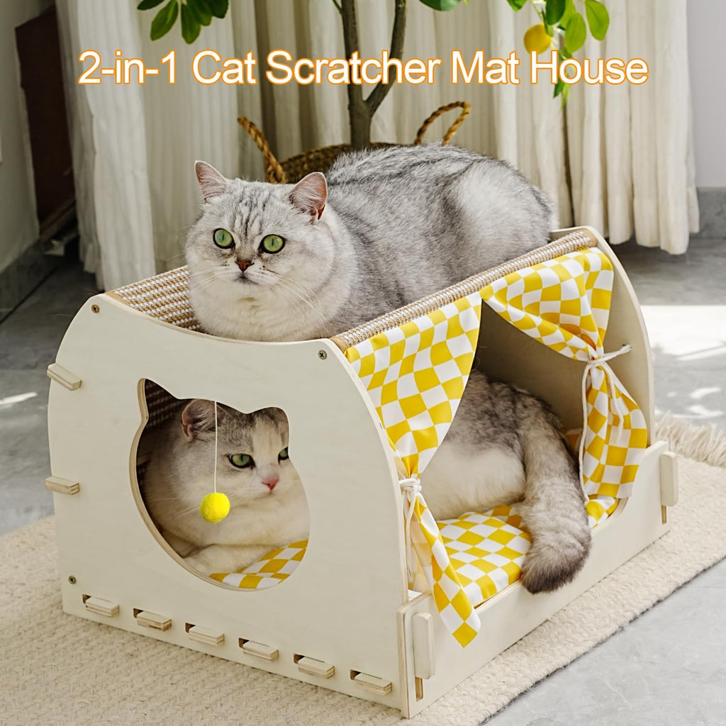 Cat House Indoor, Cat Cave, Modern Kitten Bed with Scratch Pad and Fluffy Ball, Wooden Frame with Cushion
