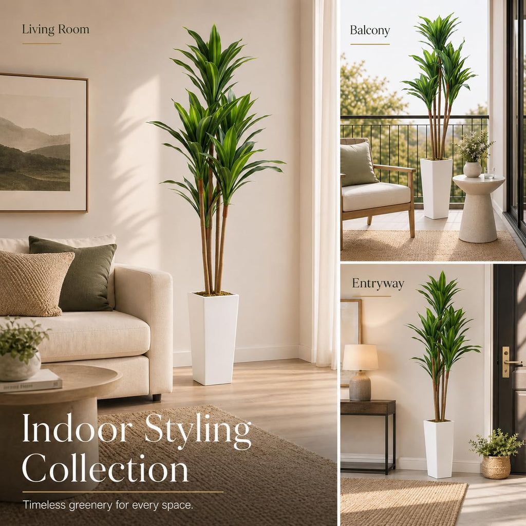 4.8ft Artificial Dracaena Tree in White Tall Planter, Tall Artificial Plants for Indoor and Outdoor Fake Tree