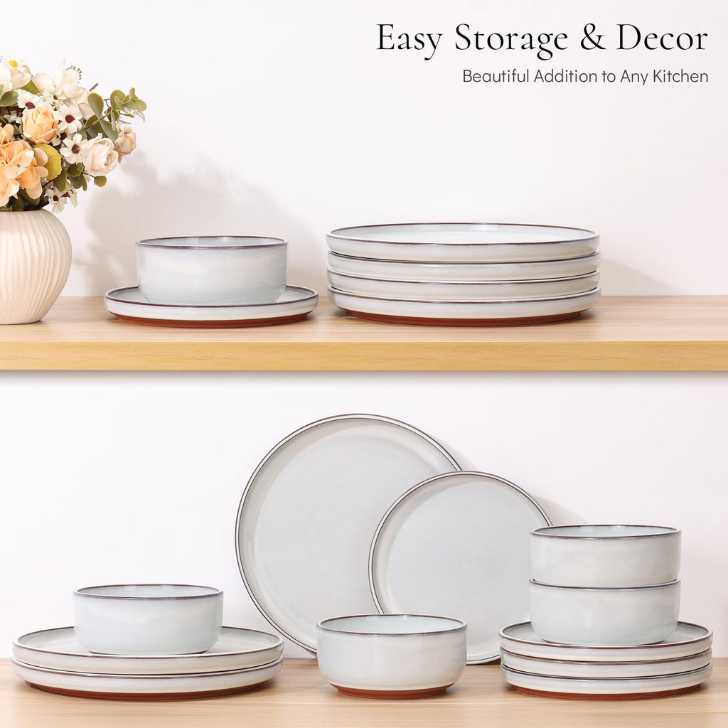 Stoneware Dinnerware Sets for 6, 18 Pieces Reactive Glaze Plates and Bowls Sets, Elegant Dishes with Rustic
