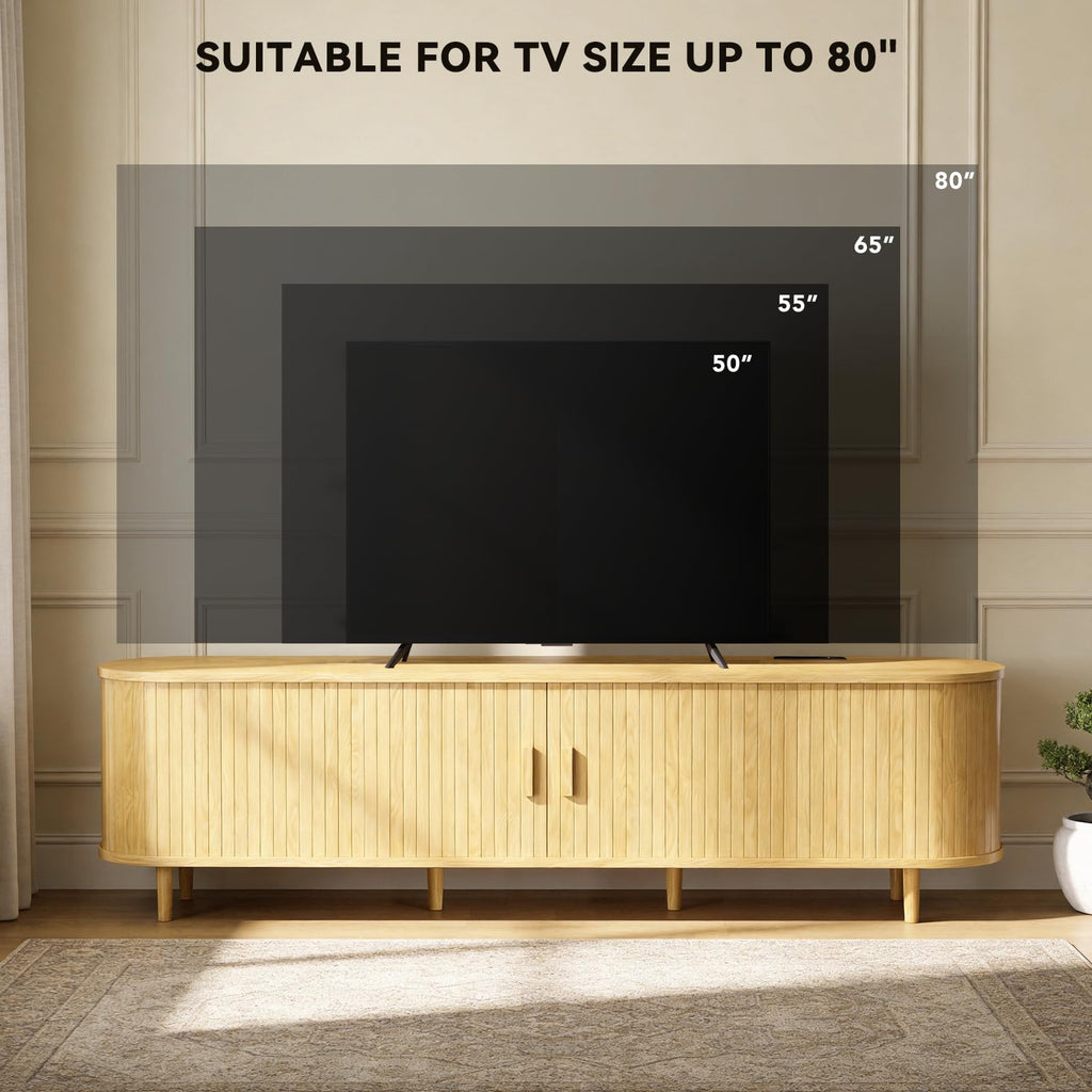70" Mid Century Modern TV Stand with Power Outlet, Fluted Entertainment Center with Storage and Adjustable Shelves
