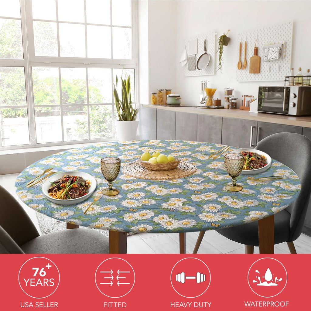 Round Tablecloth, Flannel Backed Fitted Vinyl, Elastic