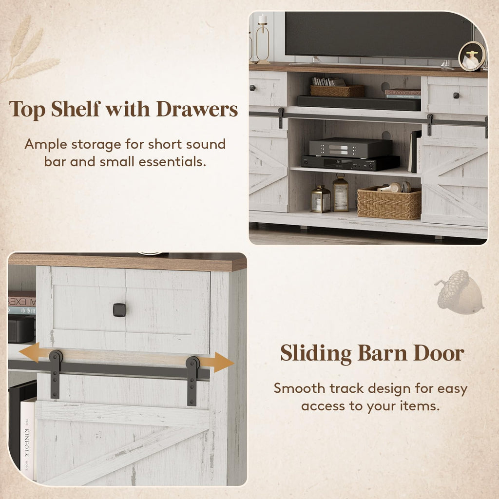 Farmhouse TV Stand for up to 75" TV, Entertainment Center with Adjustable Shelves, Sliding Barn Door and Open Storage