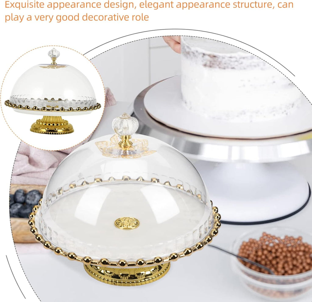 White Round Ceramic Cake Stand with Glass Dome, 8 Inch