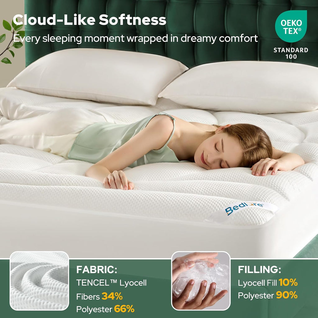 Full Size Mattress Topper, Soft TencelTM Blend Pillow Top Bed Pad | Extra Thick 800 GSM and Breathable Naturally