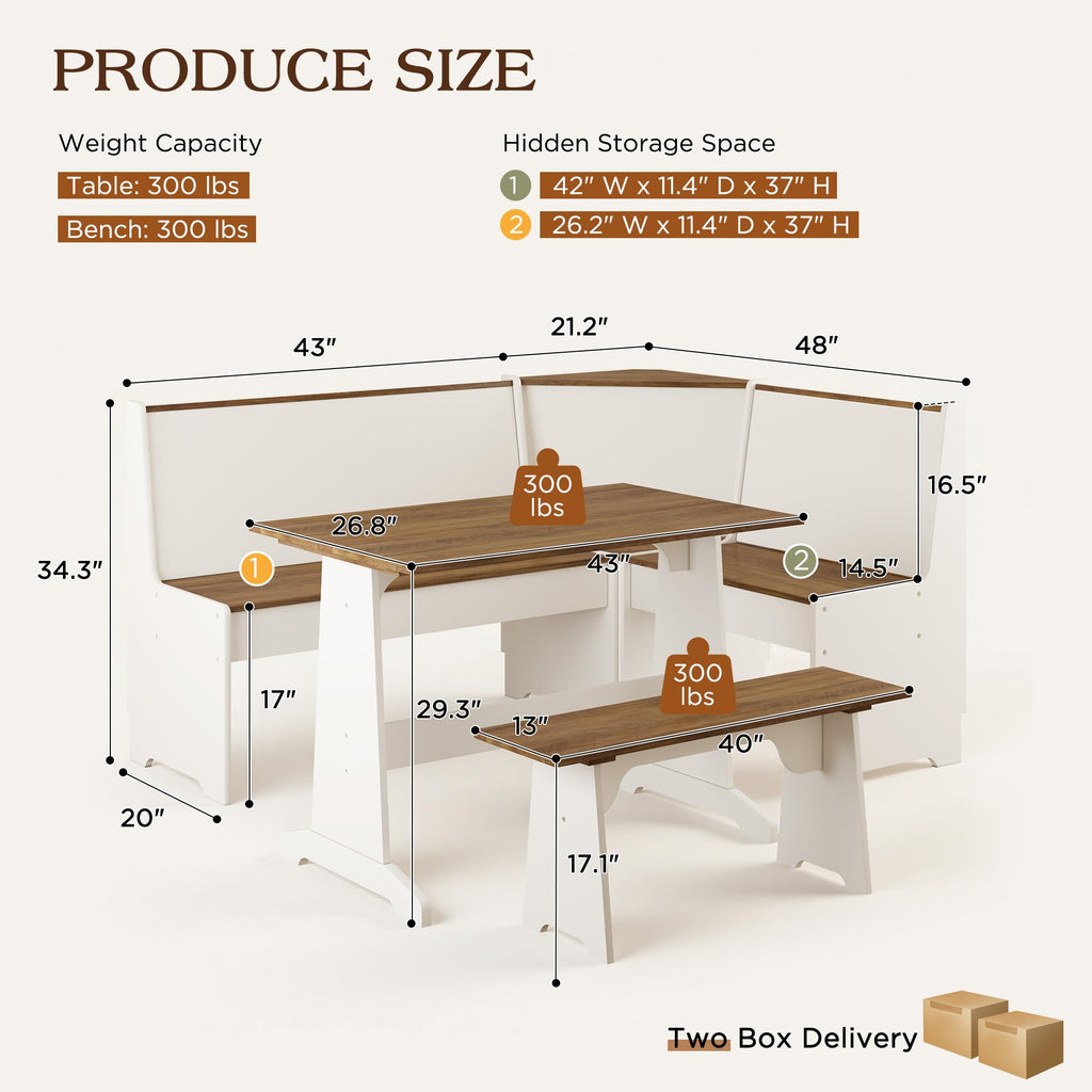 3-Piece Corner Dining Set with Hidden Storage, White & Barnwood