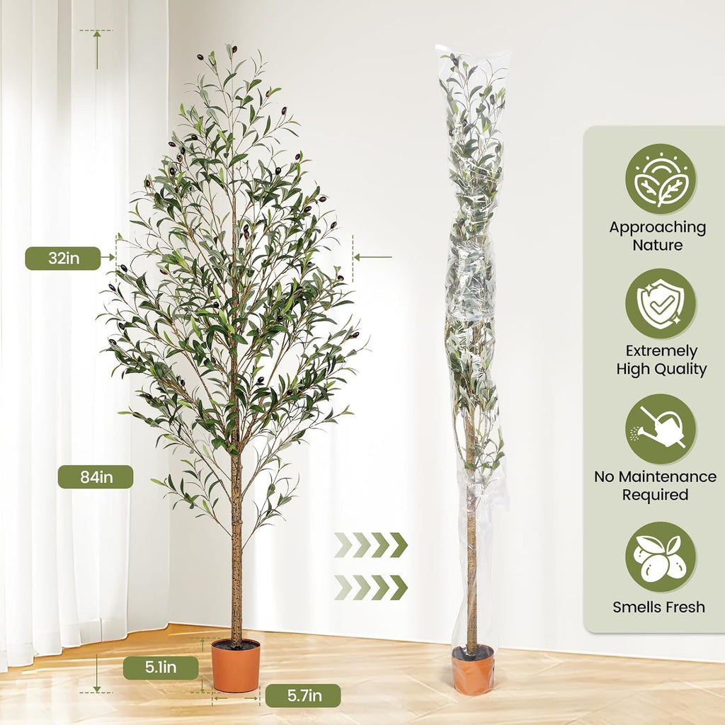 7FT Artificial Olive Tree Indoor Tall Realistic Faux Olive Tree with Plastic Planter, Fake Silk Tree with Handcrafted