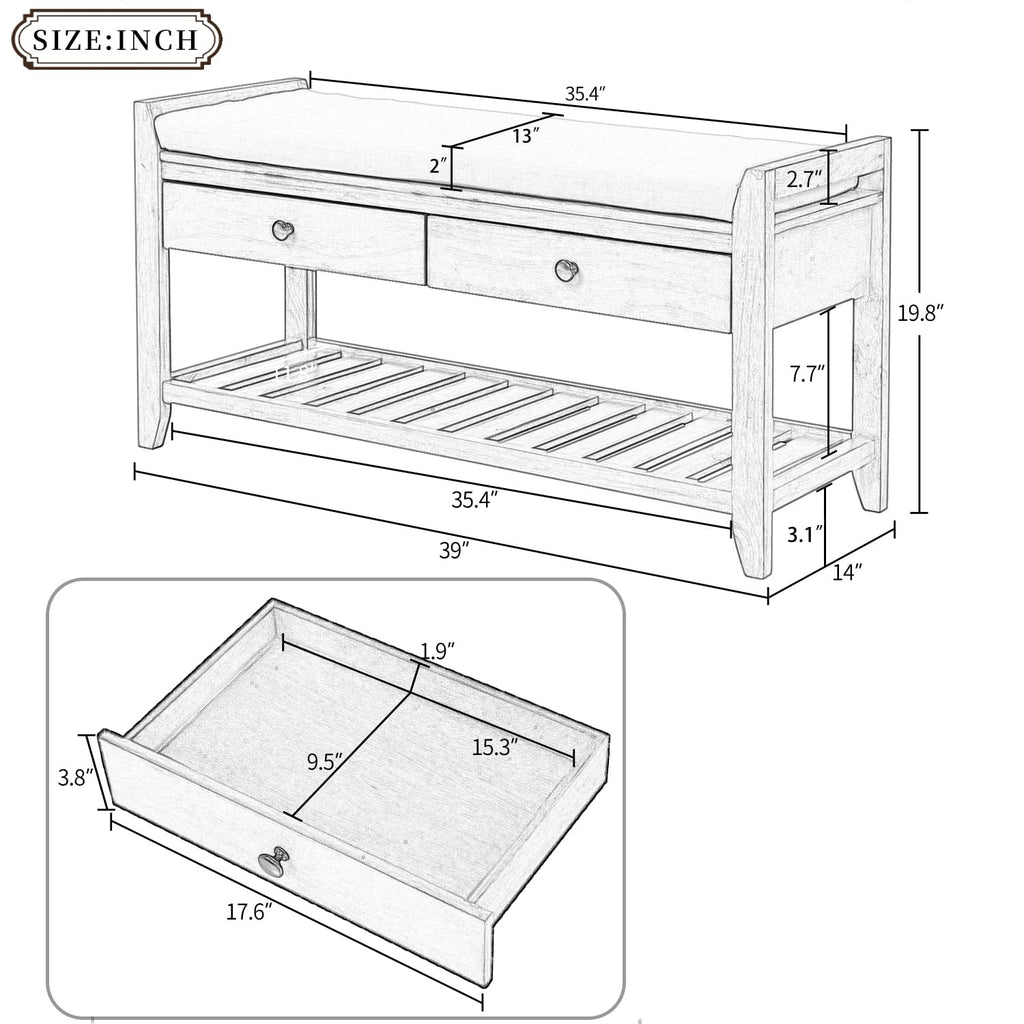 Farmhouse Shoe Rack Bench with Cushion, 2 Tier Entryway Bench with Storage Drawers and Open Shelf, Wood Shoe Storage