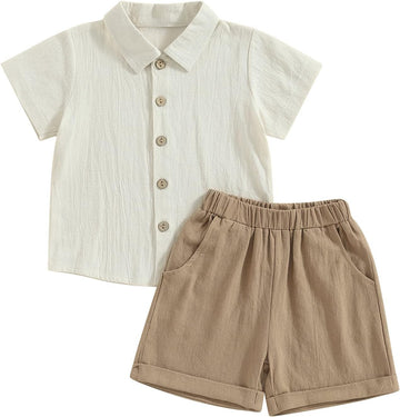 Toddler Baby Boy Clothes Cotton Linen Short Sleeve Button Down Shirt Shorts Set 2Pcs Summer Outfits