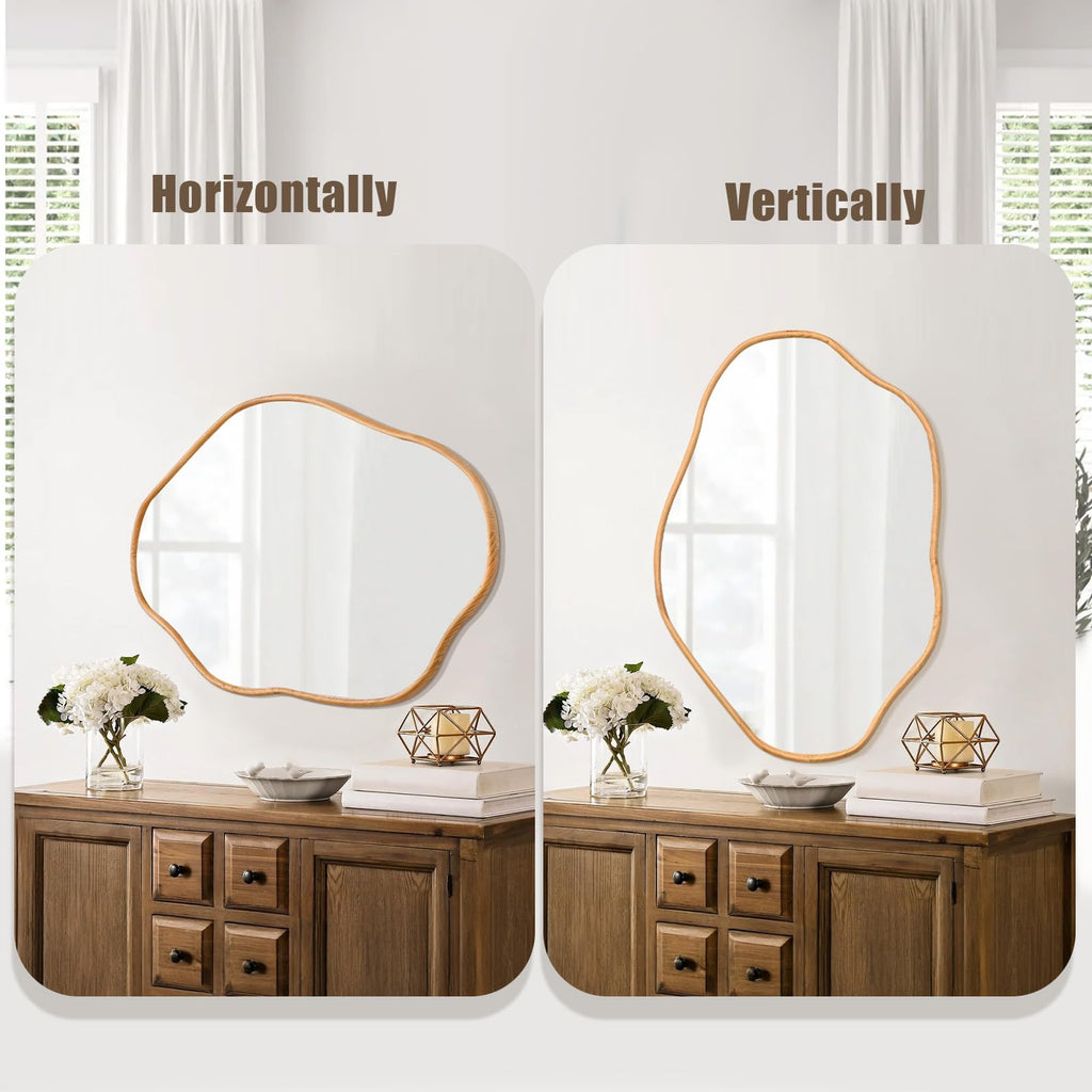 Irregular Wall Mirror, 24x36 Inch, Natural Wood