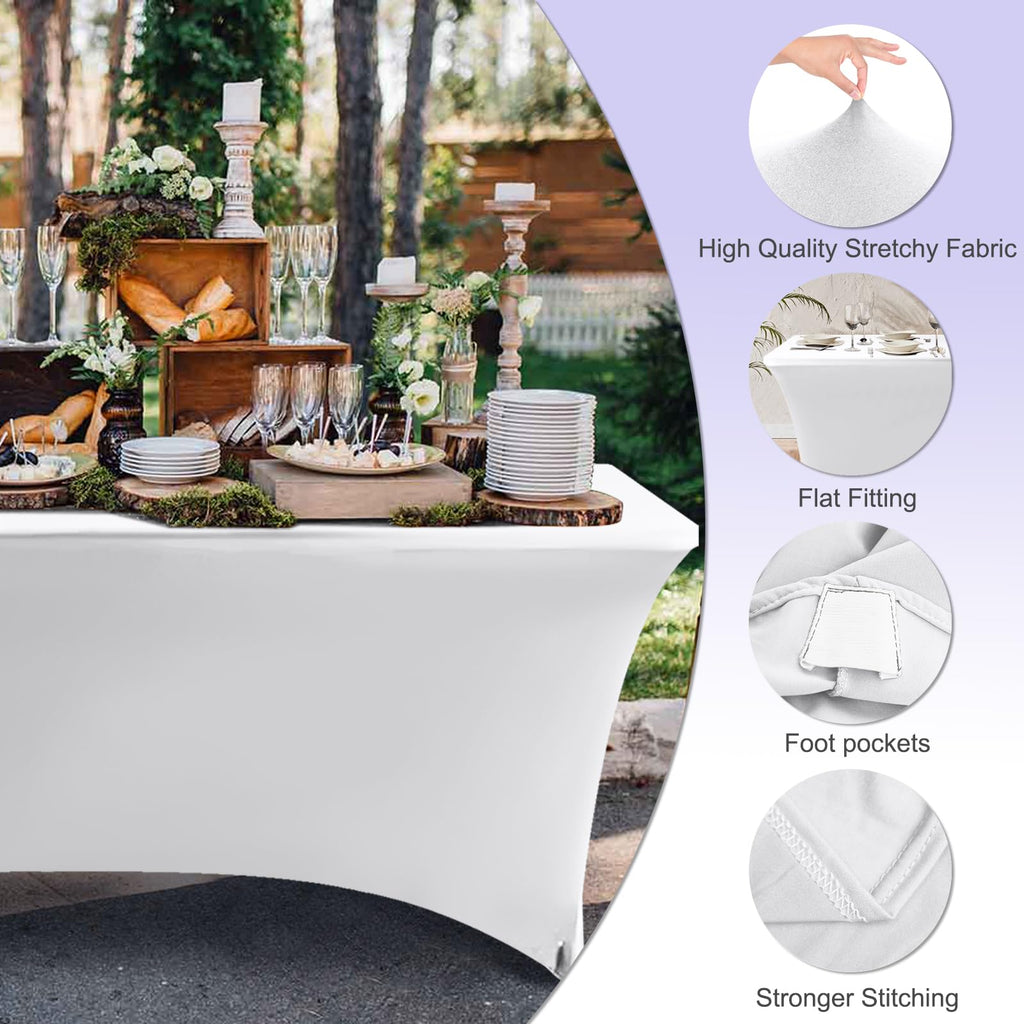 6FT Spandex Table Cover, Stretch Fitted Tablecloth, Crisp-White
