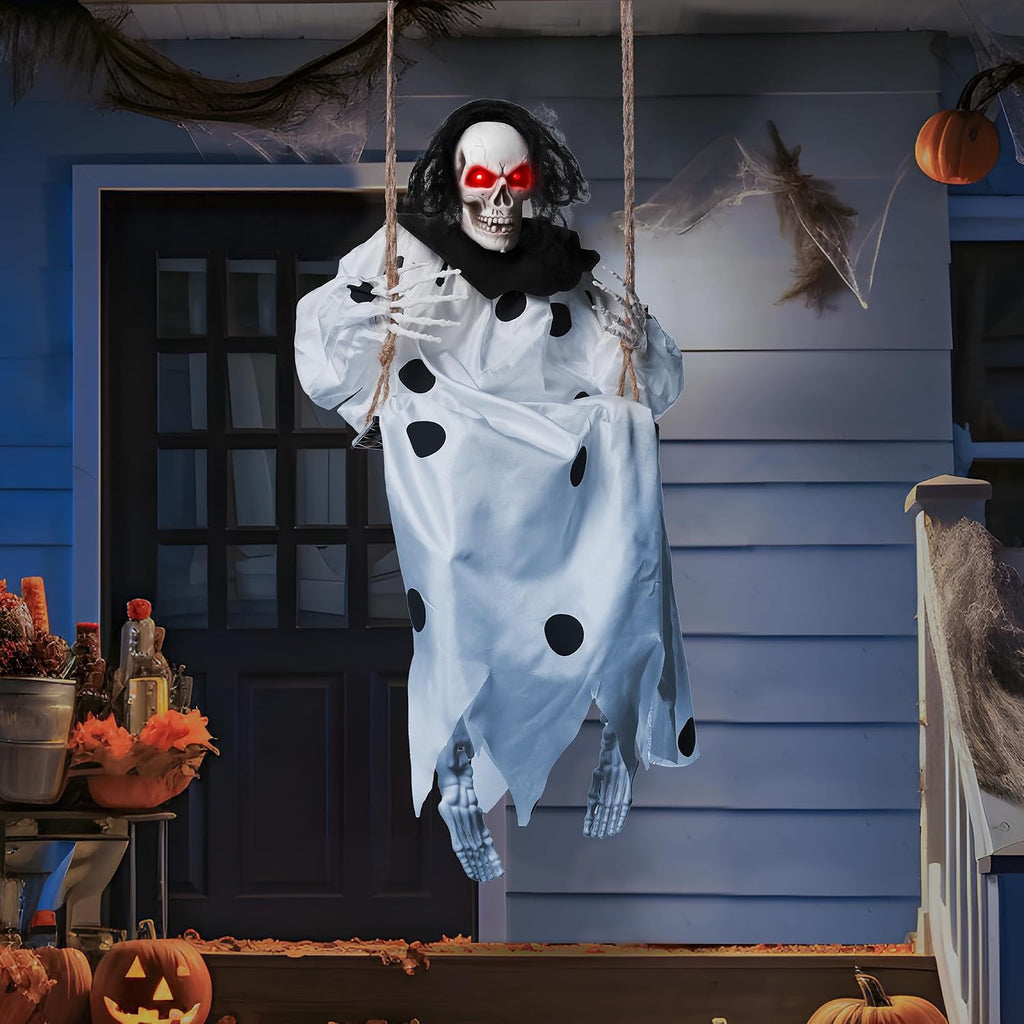 36" Hanging Clown Outdoor Halloween Decorations, Swinging Skeleton Decor with Light Up Eyes Button Battery Operated