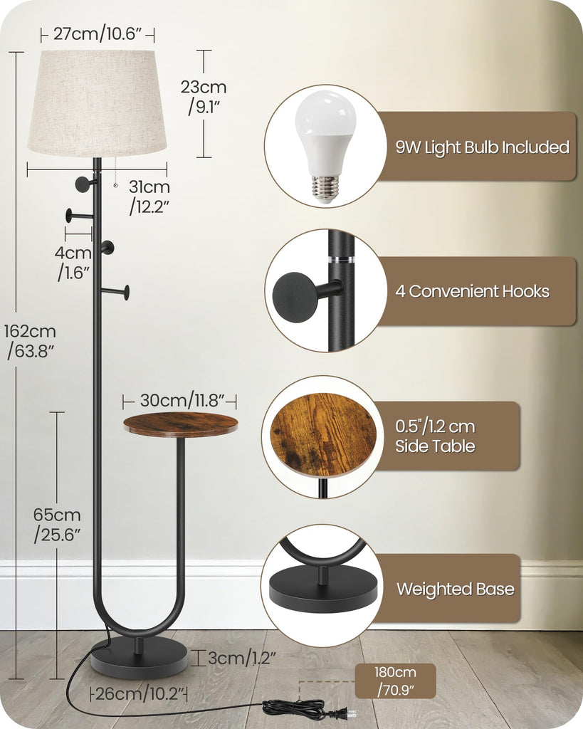 Floor Lamp with Table, Modern Standing Lamp with Shelf and Coat Rack, 3 Color Temperature Bulb Included, Side Table