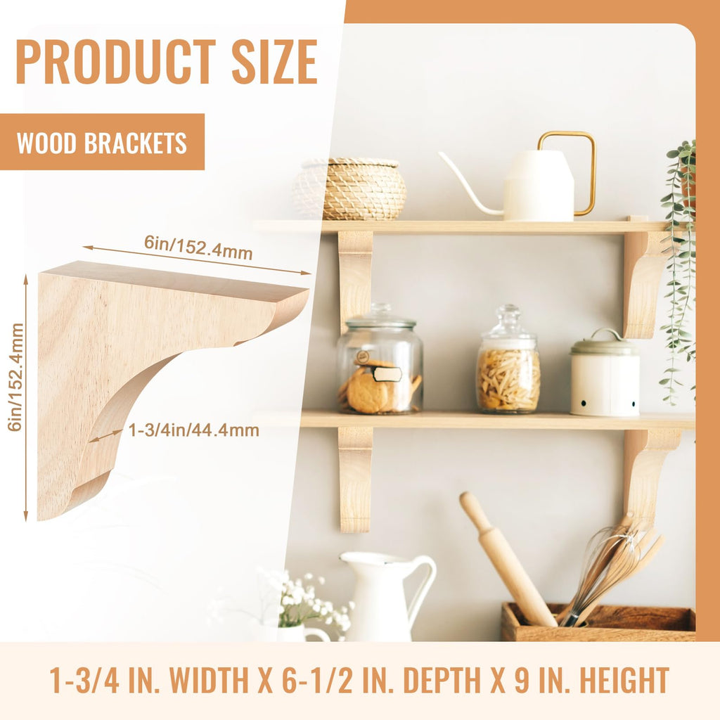6 Pcs Wood Corbel Wooden Shelf Bracket, 6 x 6 x 1.75 Inches