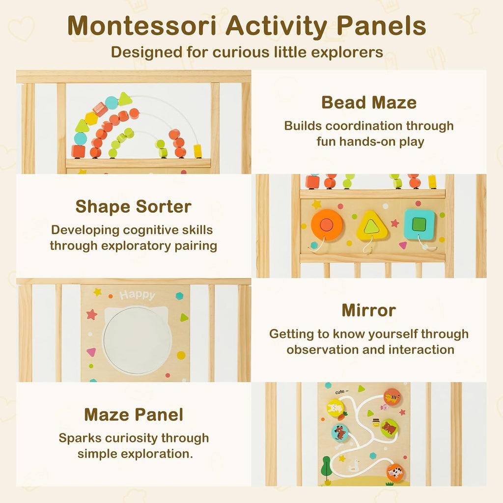Wooden Baby Playpen with Montessori Toys, 8-Panel Large Foldable Play Yard | Adjustable Baby Fence for Babies and