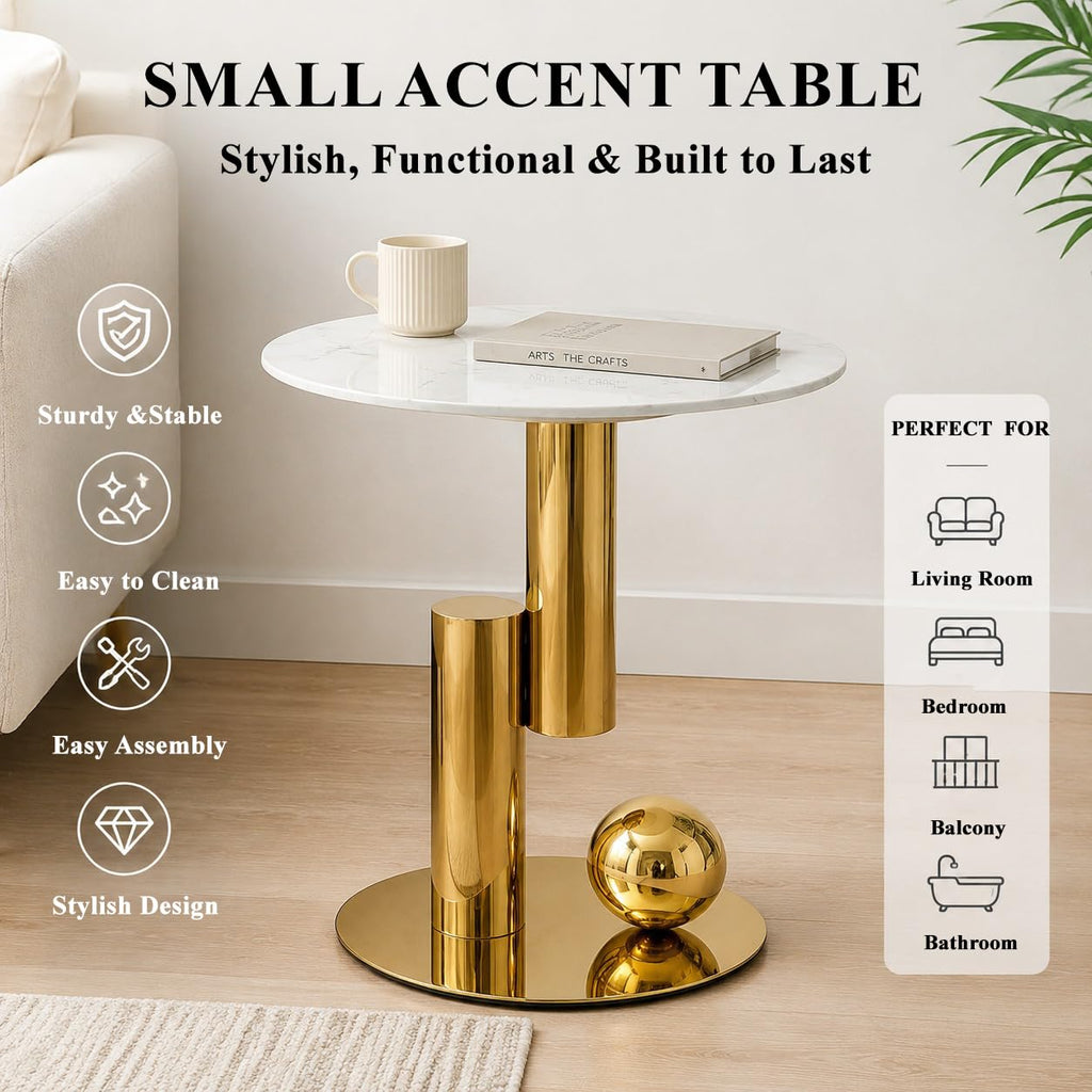 White Gold Round Side Table, 19.7" Faux Marble Sofa End Table, Modern Nightstand, Small Accent Table with Stainless