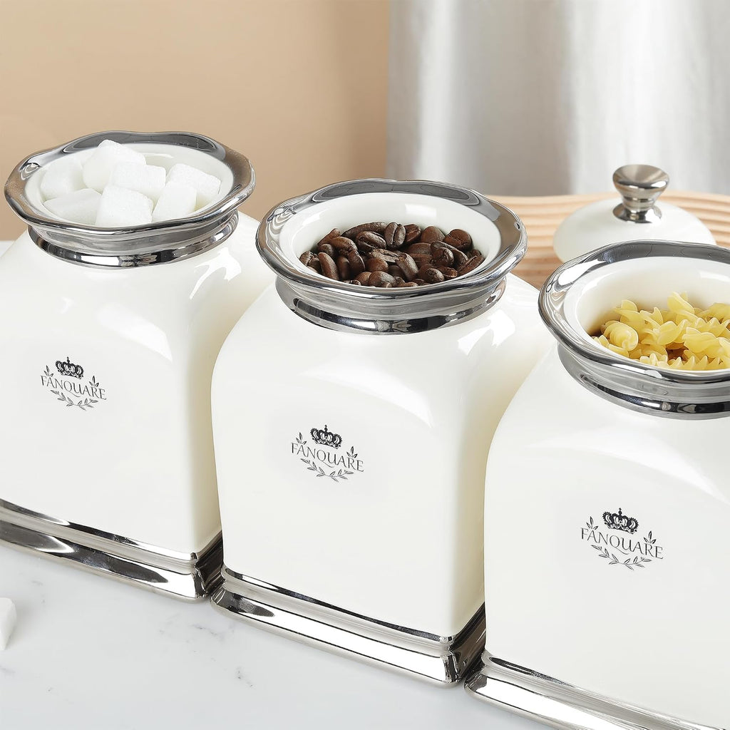OZ Cookie Jar, White Kitchen Canisters, Farmhouse Porcelain Decorative Jars for Countertop, Ceramic - Set of 3
