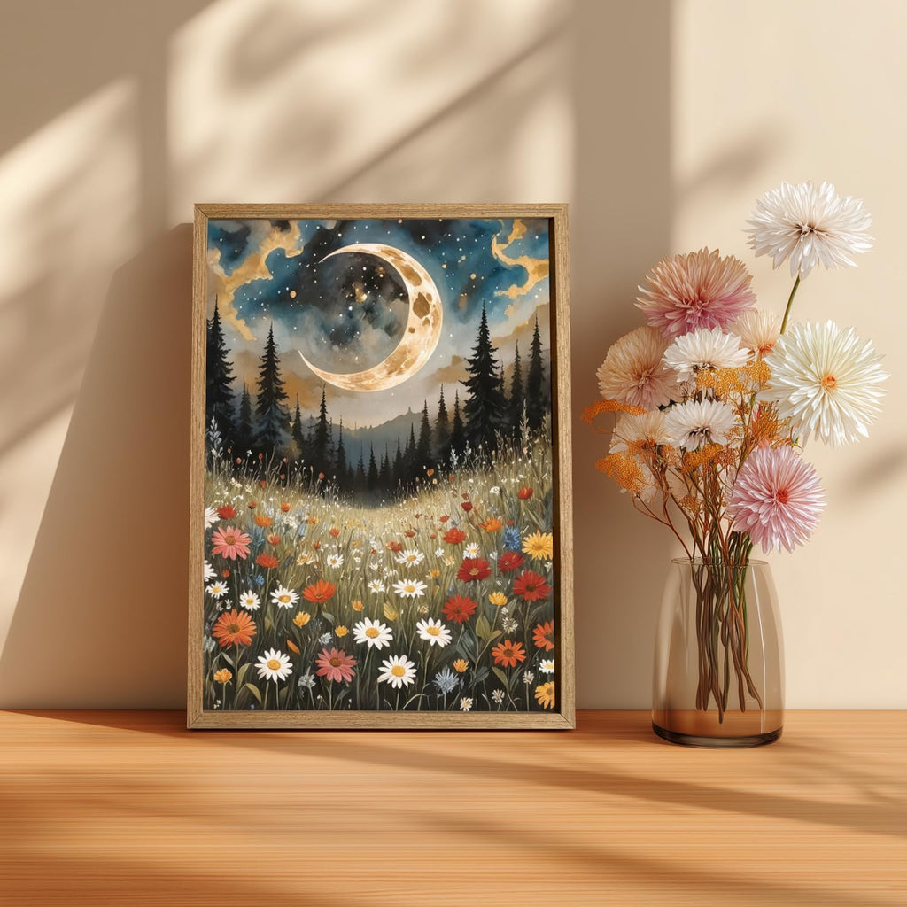 Boho Wildflower Wall Art, Moon Forest Wall Decor, Rustic Mountain Landscape Flower Art Prints, Mystical Starry Night