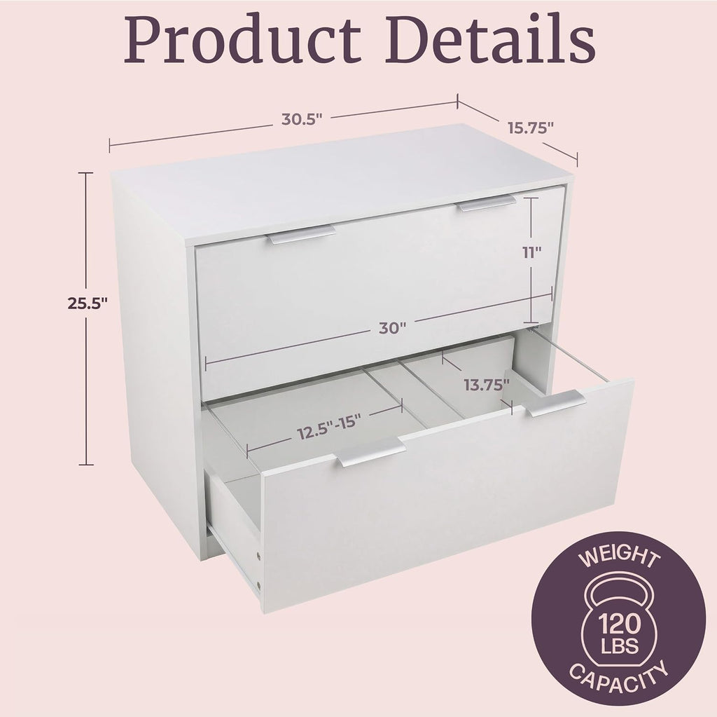 2 Drawer File Cabinet - Wooden Lateral Filing Cabinet with 2 Large Storage Drawers and Adjustable Hanging File Bars