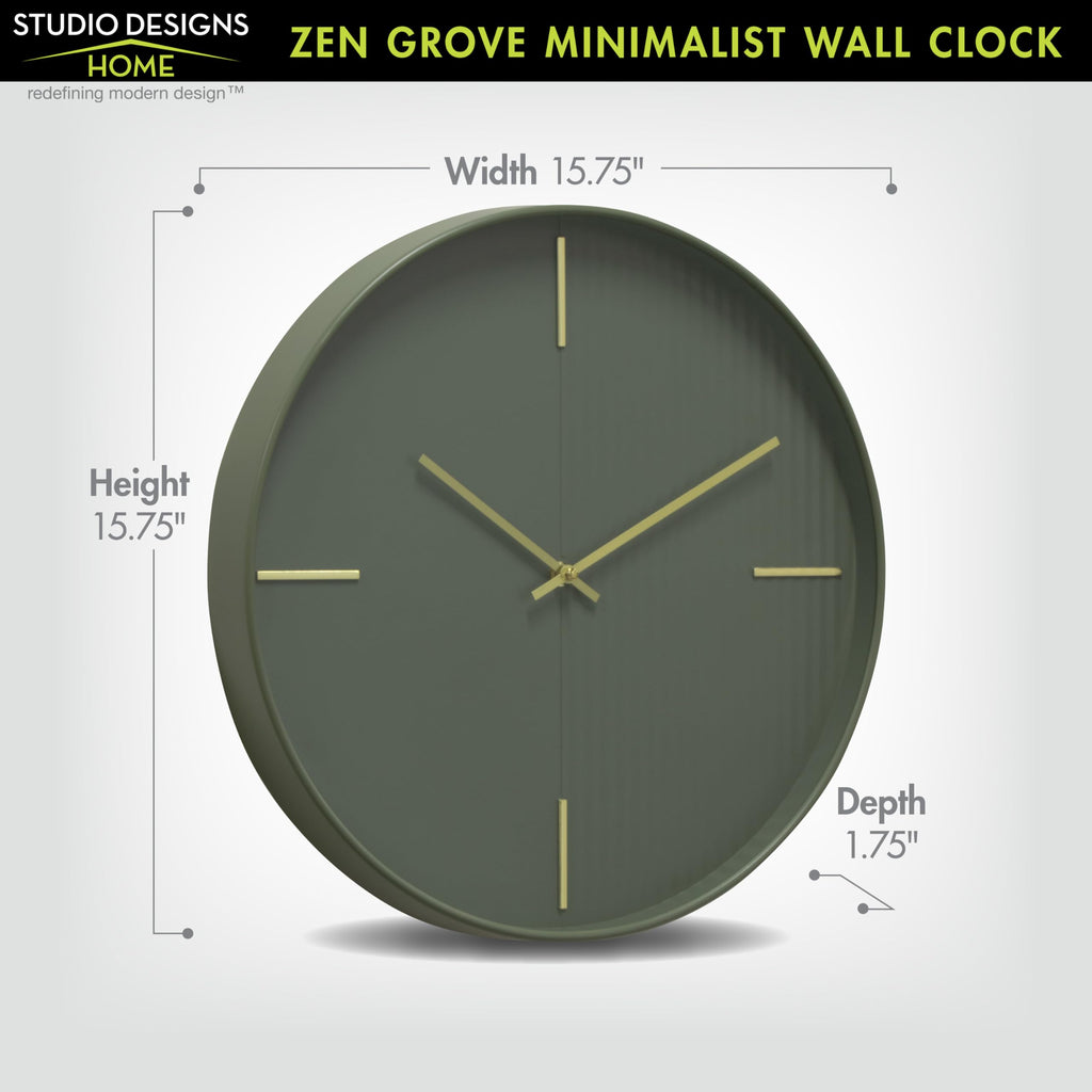 Zen Grove Minimalist Wall Clock, 15.75" Modern Green Wall Clock with Gold Accents, Subtle Stripe Face, Quartz