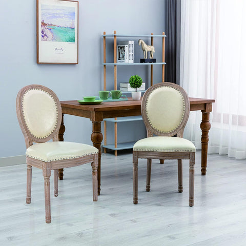 French Country Dining Chairs Set of 2, Upholstered Leather Dining Room Chairs with Round Back and Solid Wood Legs