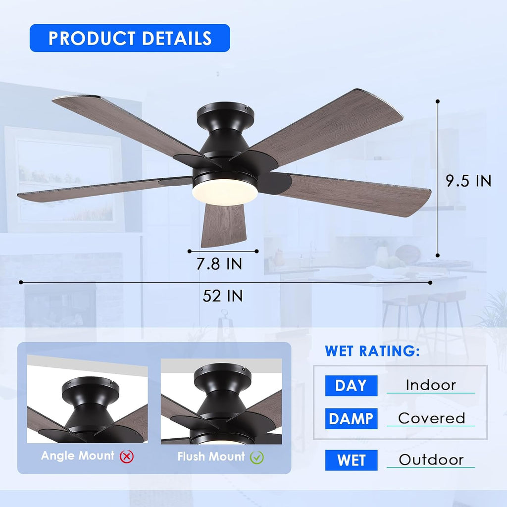 Flush Mount Ceiling Fan with Lights - 52” Indoor/Outdoor Ceiling Fan Light with Remote/APP, Low Profile Modern Fan Light with 6 Speeds, Dimming, for Living Room, Brown A101-B0F2F9BZ8W