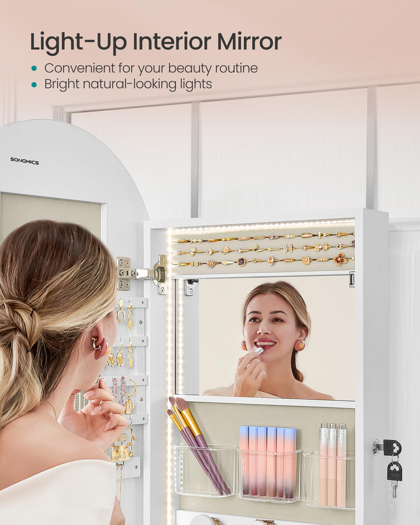 Wide Jewelry Organizer, Wall/Door Mounted, LED Cabinet, Lockable