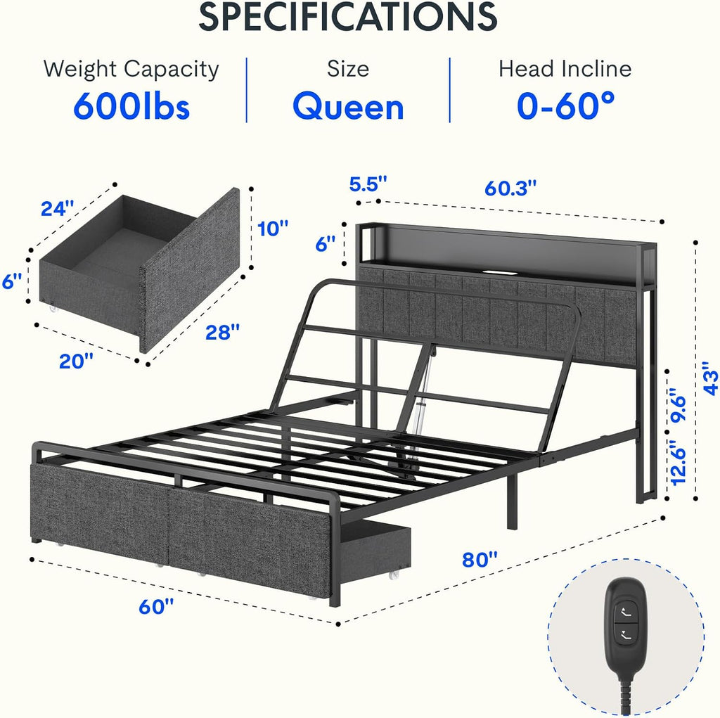 Queen Adjustable Bed with Storage Headboard and Charging