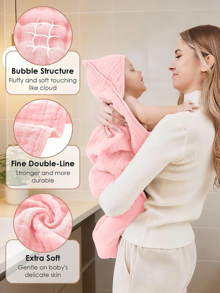 Muslin Hooded Baby Bath Towels - 3 Pack 100% Cotton Ultra-Soft Towels for Newborns, Infants, Toddlers - 32x32 Inch