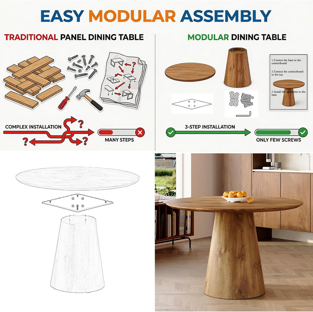 45'' Round Dining Table for 4, Mid-Century Modern Wood Dinner Table with Seamless One-Piece Top & Stable Conical
