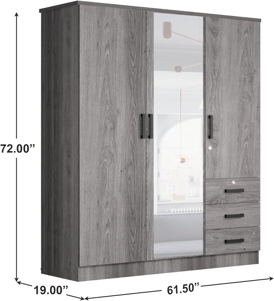 Violet Wardrobe Mirrored Door Closet 3 Doors and 3 Drawers (Grey)