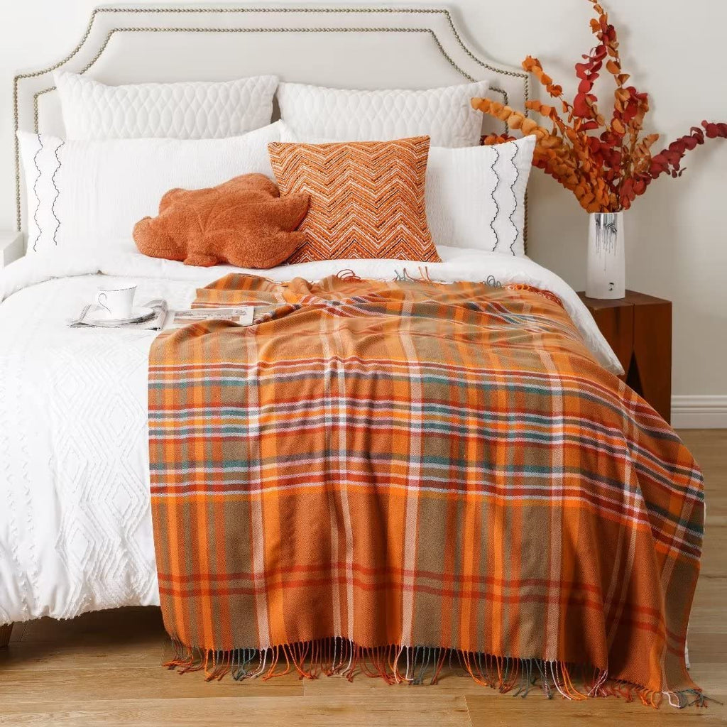 Orange Plaid Throw Blanket for Couch, Fall Throw Blanket 50"x60" Fall Decor