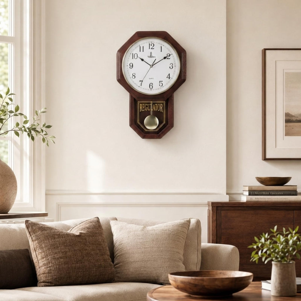 Pendulum Wall Clock, Real Wood Regulator Clock, Quiet, Non-Chiming, Wooden