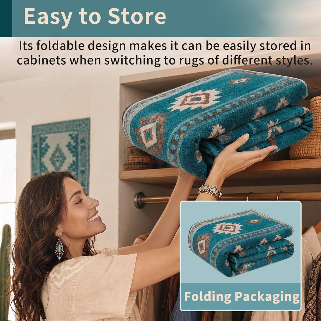 Southwest Teal Rugs, Large Machine Washable Soft Non-Slip Aztec Rug, Low-Pile Non-Shedding Foldable Dining Floor