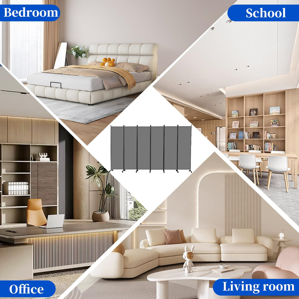 Room Divider 6FT 6 Panel Folding Room Partition with Lockable Wheels, Grey