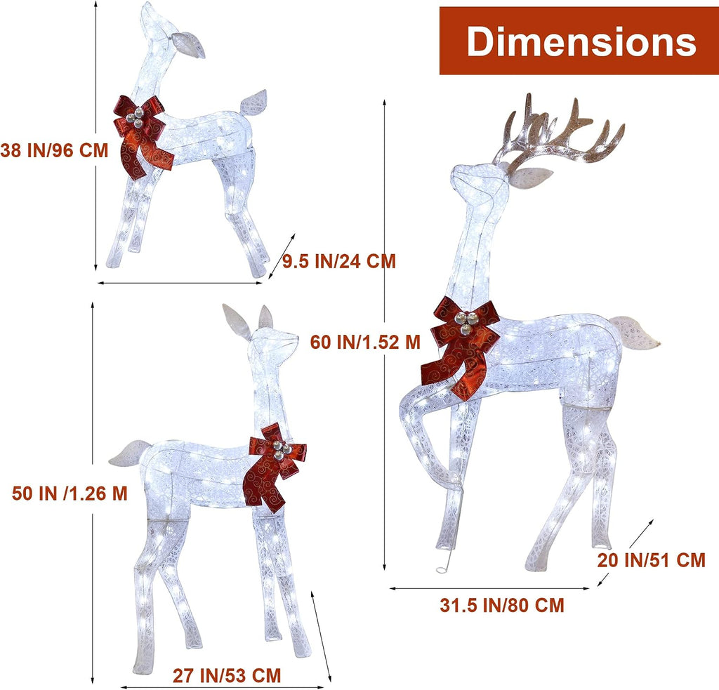 Home 3-Piece Pre-lit White Reindeer Christmas Yard Decoration