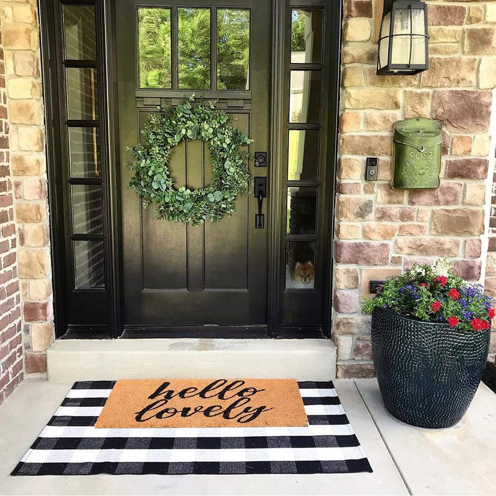 Buffalo Plaid Outdoor Rug 35.4'' x 59'' Black and White Front Door Mat Front Porch Rug Layered Welcome Door Mat for