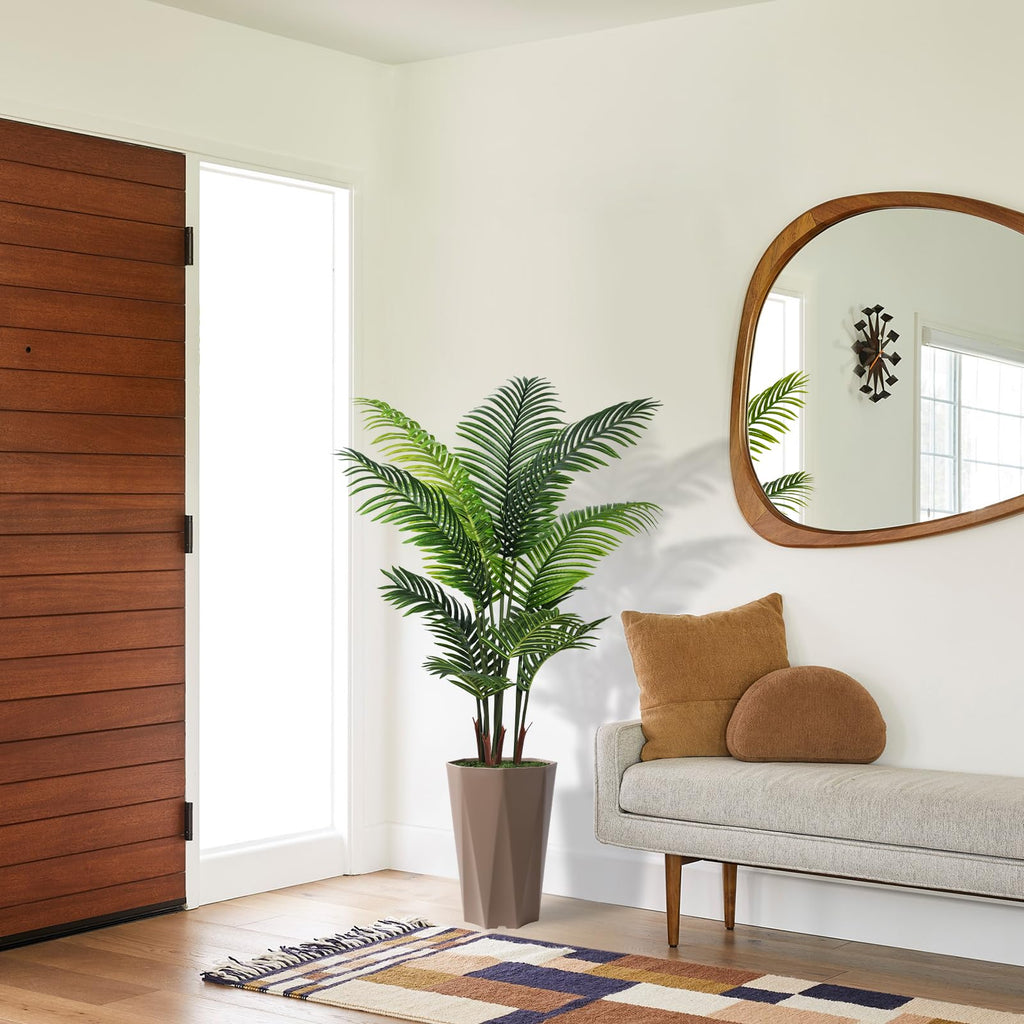 Artificial Palm Plant Indoor 5FT Fake Tree with Mocha Diamond Planter Faux Tropical Areca Tall Fake Floor Plant