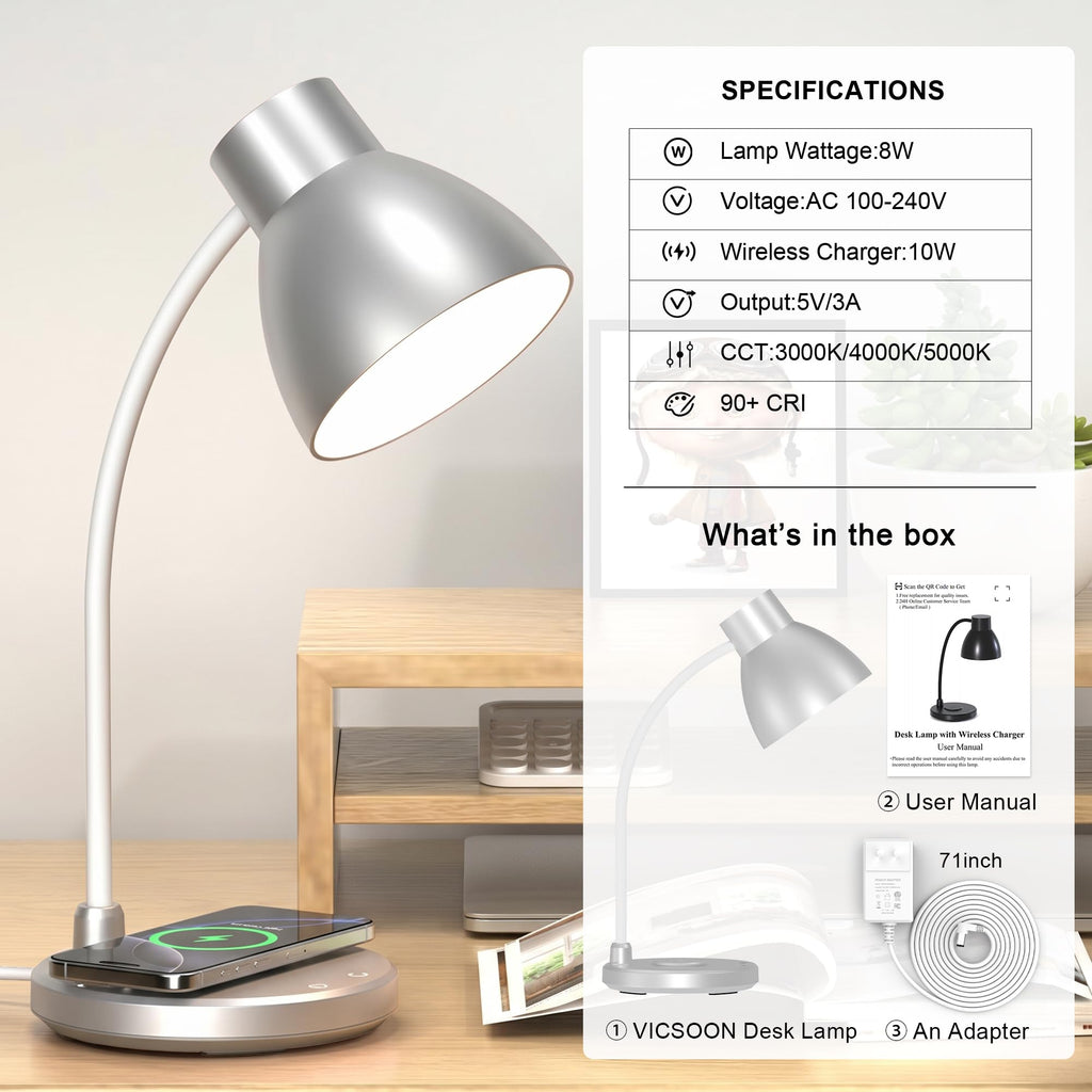 LED Desk Lamp with Wireless Charger, Silver