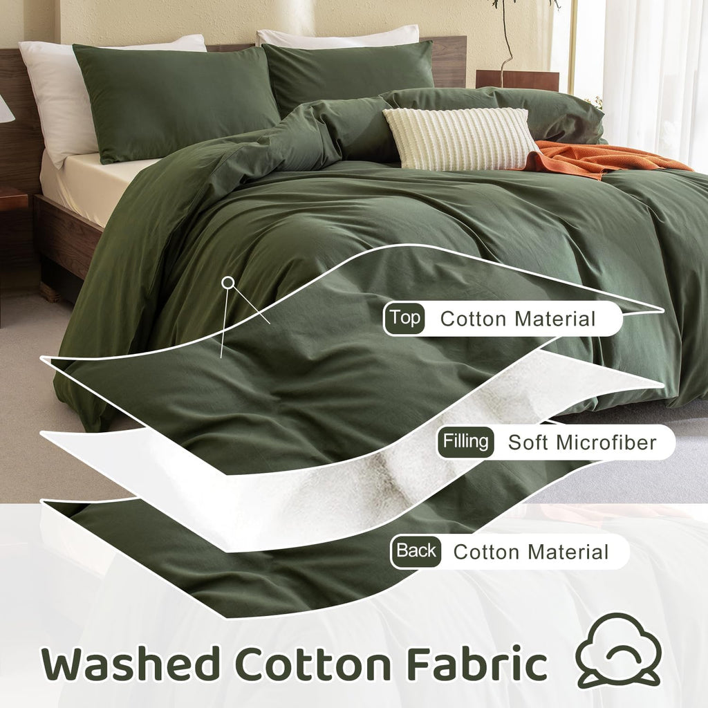 Cotton Olive Green Comforter Set, Dark Green Bedding Comforters Set Solid, 3 Pieces(1 Aesthetic Comforter and