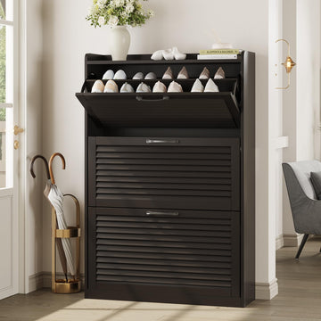 Shoe Storage Cabinet with 3 Flip Louvered Doors, Freestanding Organizer with Metal Hinges, Shoe Cabinet, Narrow Shoe