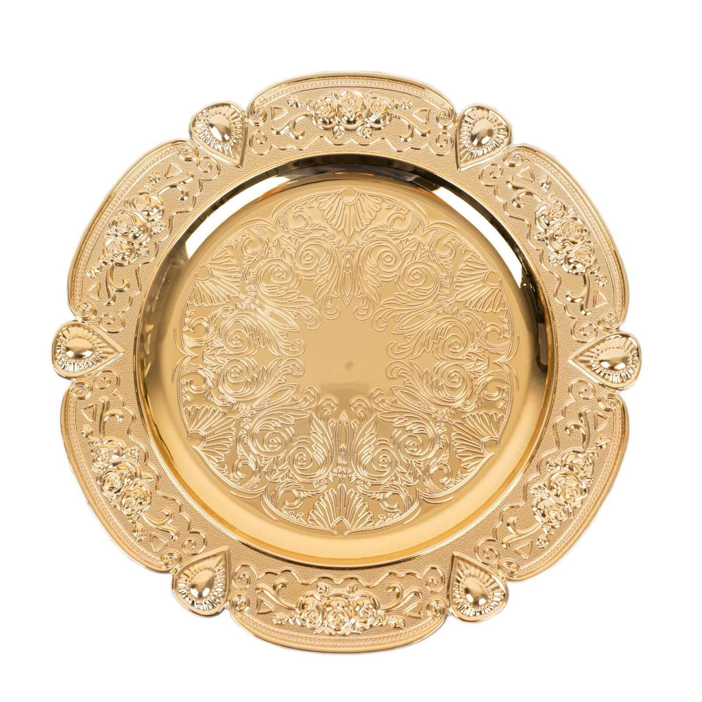 13" Gold Floral Embossed Charger Plates, Round Scalloped Rim Underplates for Spring Weddings and Garden Parties