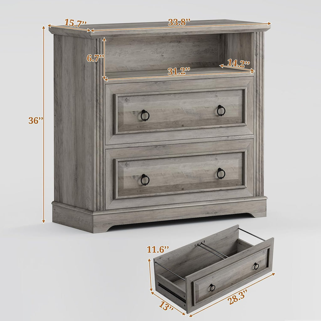2 Drawer File Cabinet, Farmhouse Filing Cabinet Fits Letter, Legal, A4 Size, Wood Lateral File Cabinet with Printer