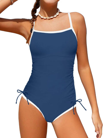Girls Swimsuit One Piece Bathing Suit Color Block Strap Swimwear Drawstring Swimsuits for Teens with Padded