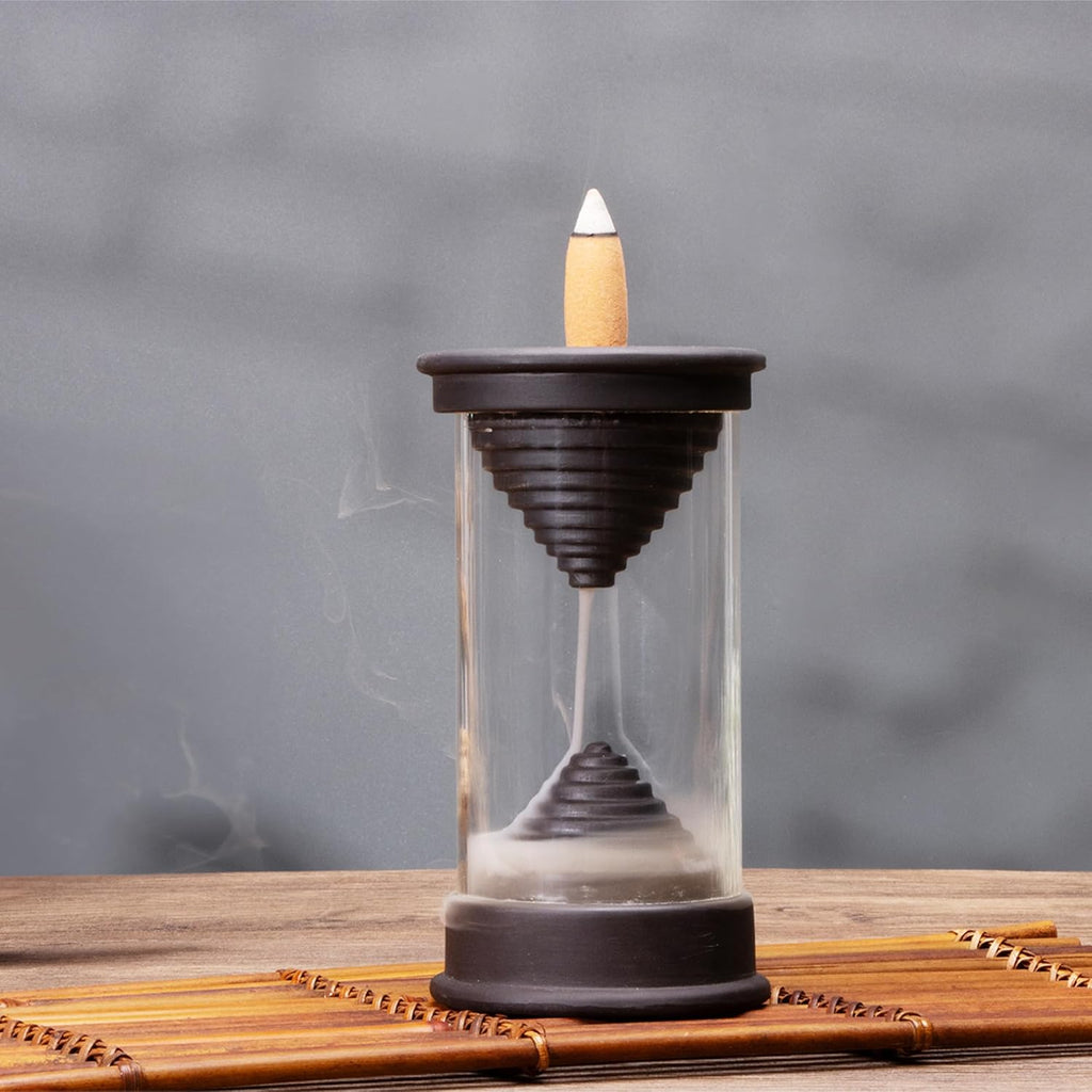 Hourglass Backflow Incense Burner Waterfall Incense Holder Bracket Glass Windproof Cover Provides 20 Counter Flow - Set of 25