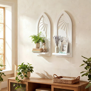 2 Set Rustic Candle Sconces Living Room Bedroom Entryway Wood Mirrored, Farmhouse, Carved Frame Wall-Mount Wooden
